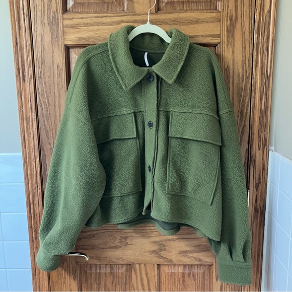 Free People Olive Green Button Up Fleece James Jacket Size L - Picture 12 of 16